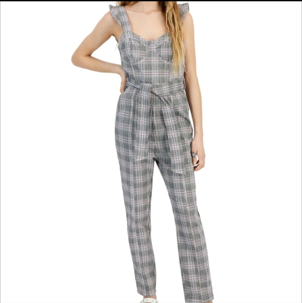 Tinseltown Belted Bustier Plaid Jumpsuit in Black Burgundy Plaid